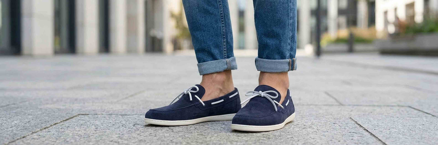 ZAQQ Barfußschuhe Neuheiten für Herren - blaue Loafer mit weißen Sohlen und Schnürung